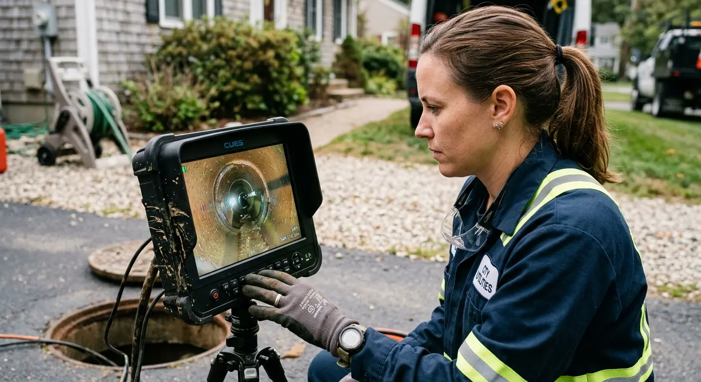 Technician reviewing sewer camera inspection footage in Dakota Ridge