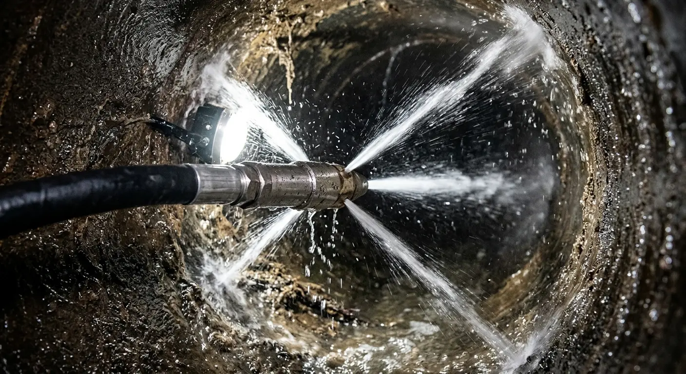 High-pressure hydro jetting nozzle cleaning sewer pipe for Trenchless Sewer Repair in Dakota Ridge
