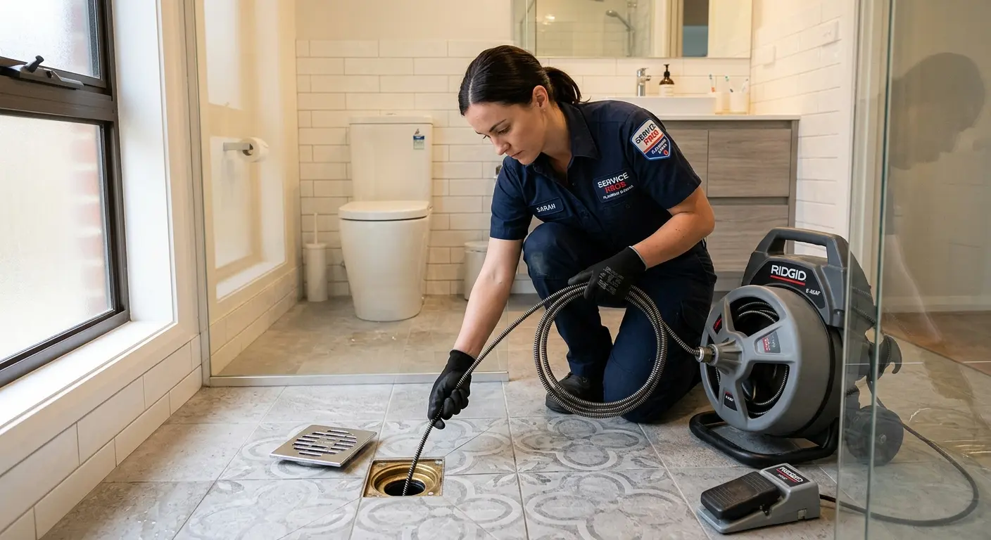 Technician clearing a bathroom floor drain for Clogged Drain Repair in Dakota Ridge